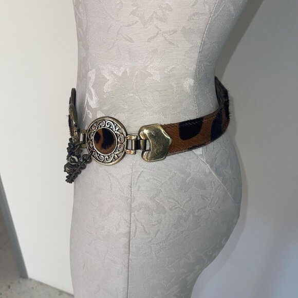 Streets Ahead Vintage Womens Belt Size Large Brown Pony Hair Brass Layered - Picture 4 of 16